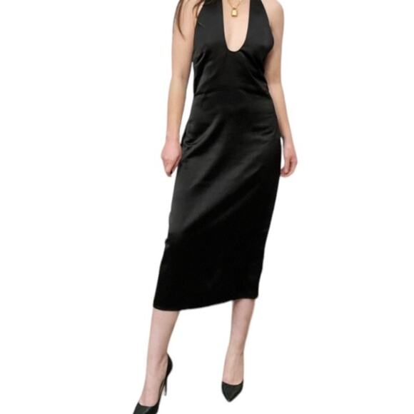 Jason Wu Black Satin Plunging Deep U Neckline Halter Midi Dress Sz Large - Picture 1 of 9